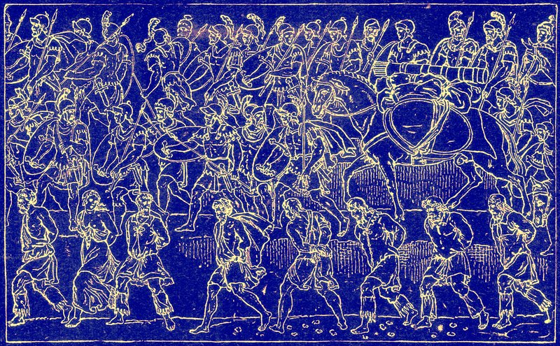 Římští vojáci a barbarští zajatci, ilustrace z Ilustrované historie světa, publikované kolem roku 1880 (digitálně vylepšený obrázek) od English School