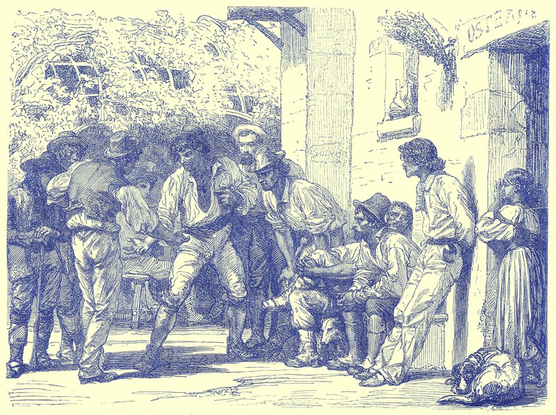 Romans playing at Mora, ilustrace z Illustrated Travels, editoval H. W. Bates, publikováno kolem roku 1880 (digitálně vylepšený obrázek) od English School