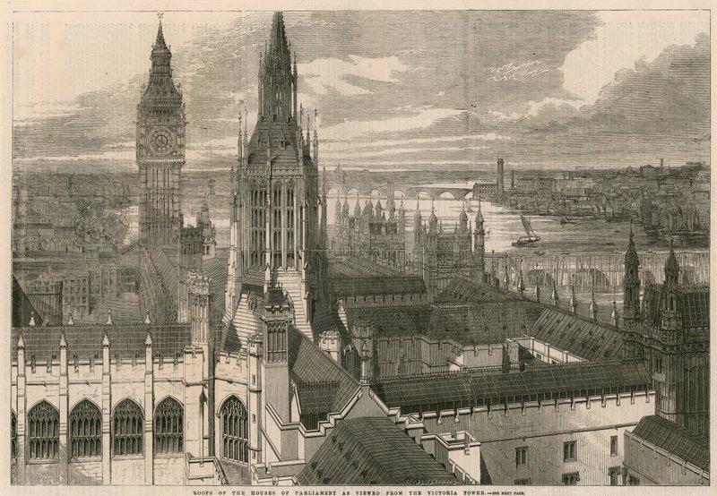Střechy budov parlamentu při pohledu z Victoria Tower od English School