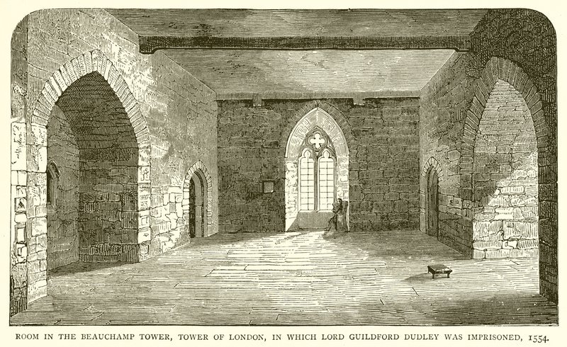 Pokoj v Beauchamp Tower, Tower of London, ve kterém byl uvězněn Lord Guildford Dudley, 1554 od English School
