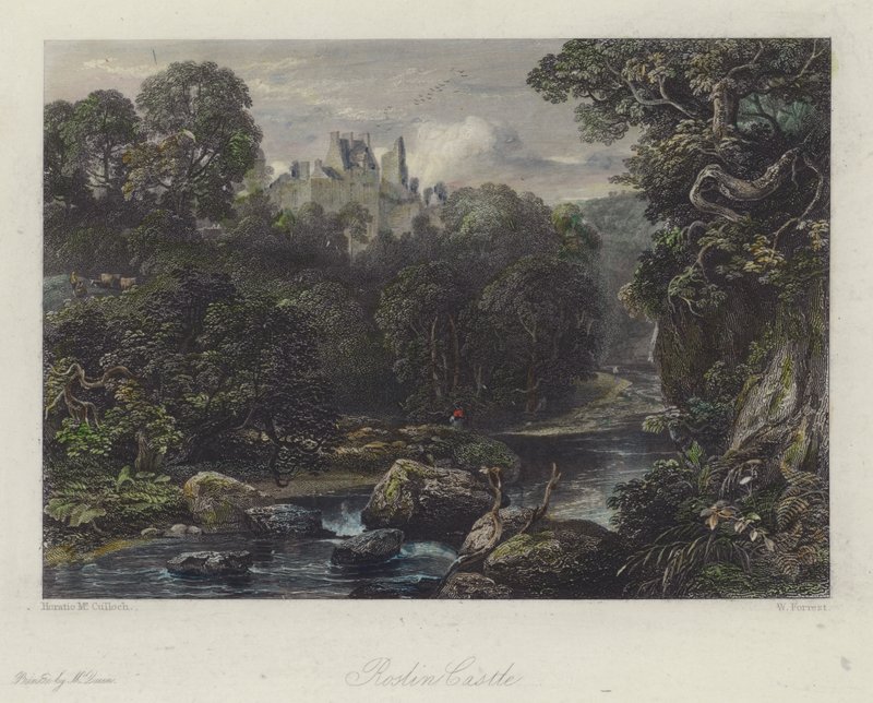 Roslin Castle, Scotland (barevná rytina) od English School