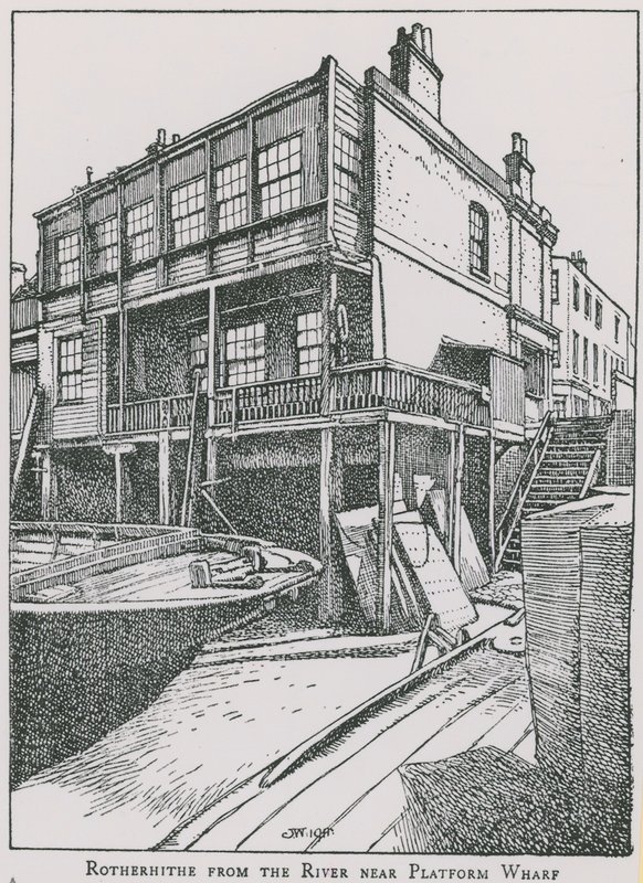 Rotherhithe od řeky Temže poblíž Platform Wharf; Anděl od English School