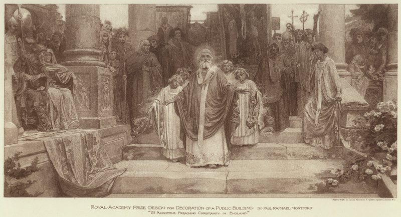 Návrh ceny Královské akademie za výzdobu veřejné budovy, „St Augustine Preaching Christianity in England“ (rytina) od English School