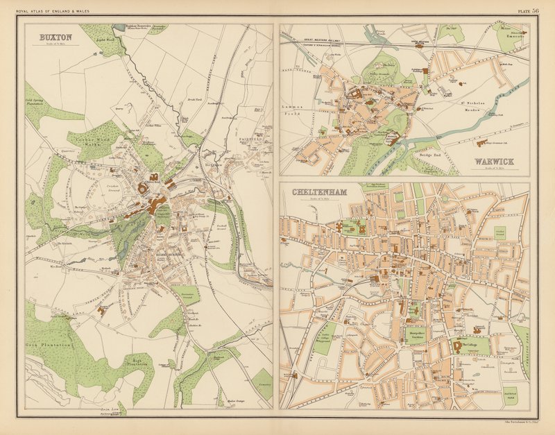 Royal Atlas, c 1900: Buxton; Warwick; Cheltenham (barevné lito) od English School