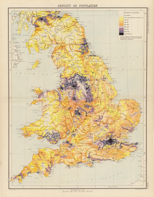 Royal Atlas, c 1900: Hustota populace (barevné lito) od English School