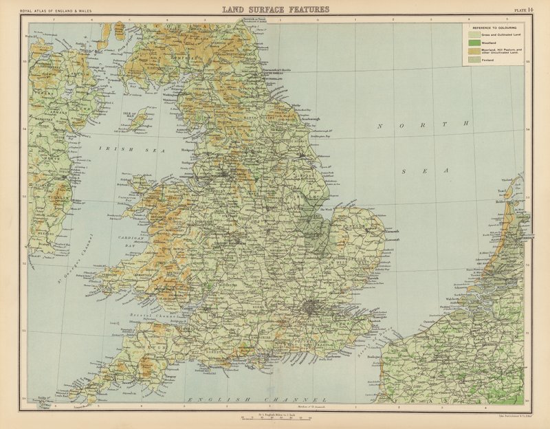 Royal Atlas, c 1900: Vlastnosti zemského povrchu (barevné lito) od English School