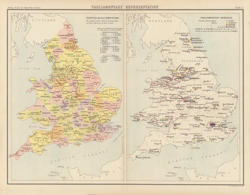 Royal Atlas, c 1900: Parlamentní zastoupení (barevné lito) od English School