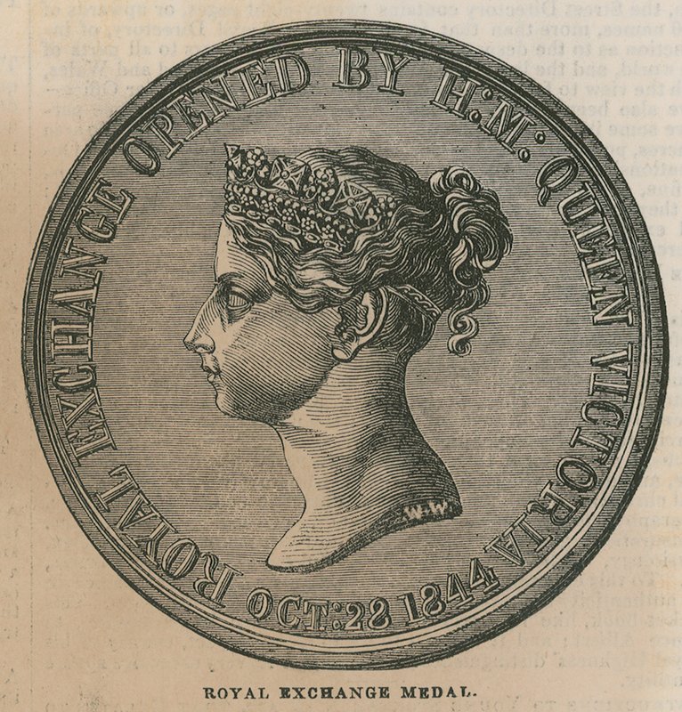 Royal Exchange Medal, udeřená na památku otevření Royal Exchange v roce 1844 od English School