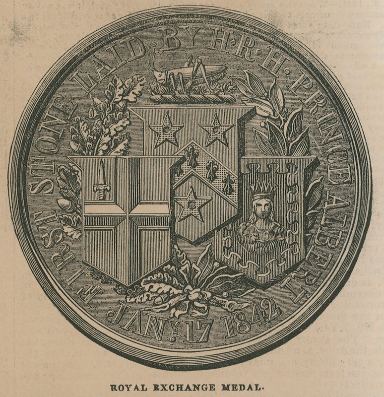 Royal Exchange Medal, udeřená na památku otevření Royal Exchange v roce 1844 od English School