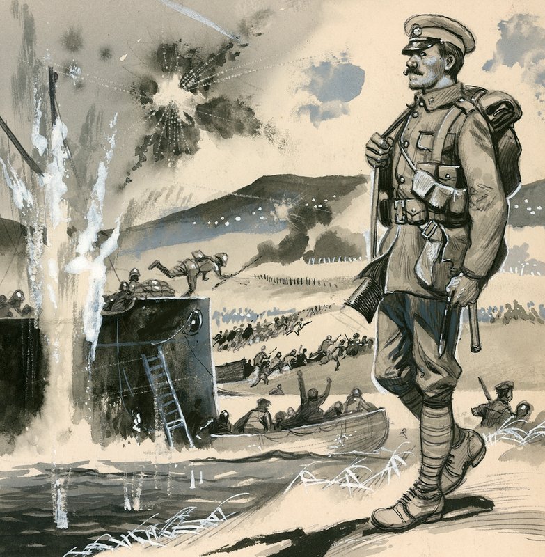 Royal Marines při obojživelném vylodění v Dardanelách v roce 1915 od English School