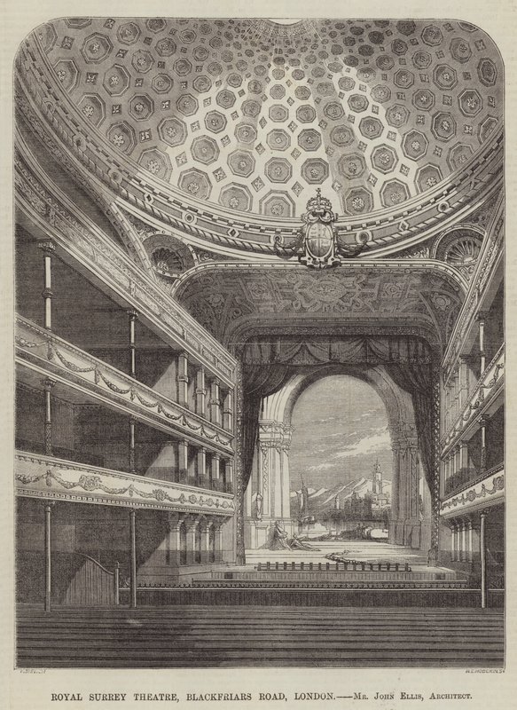 Royal Surrey Theatre, Blackfriars Road, Londýn, pan John Ellis, architekt (rytina) od English School