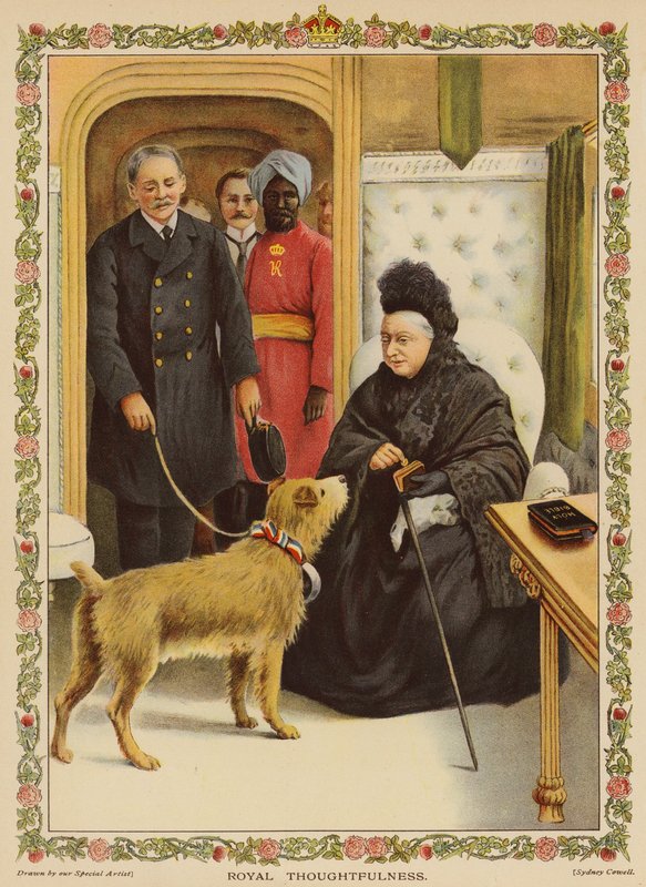 Royal Thoughtfulness – královna Viktorie na nádraží Paddington, dává charitativní dar (chromolitho) od English School