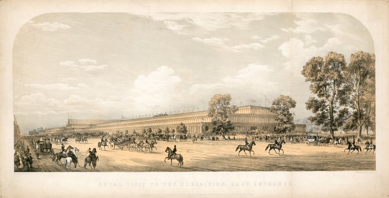 Královská návštěva Velké výstavy 1851, východní vchod od English School