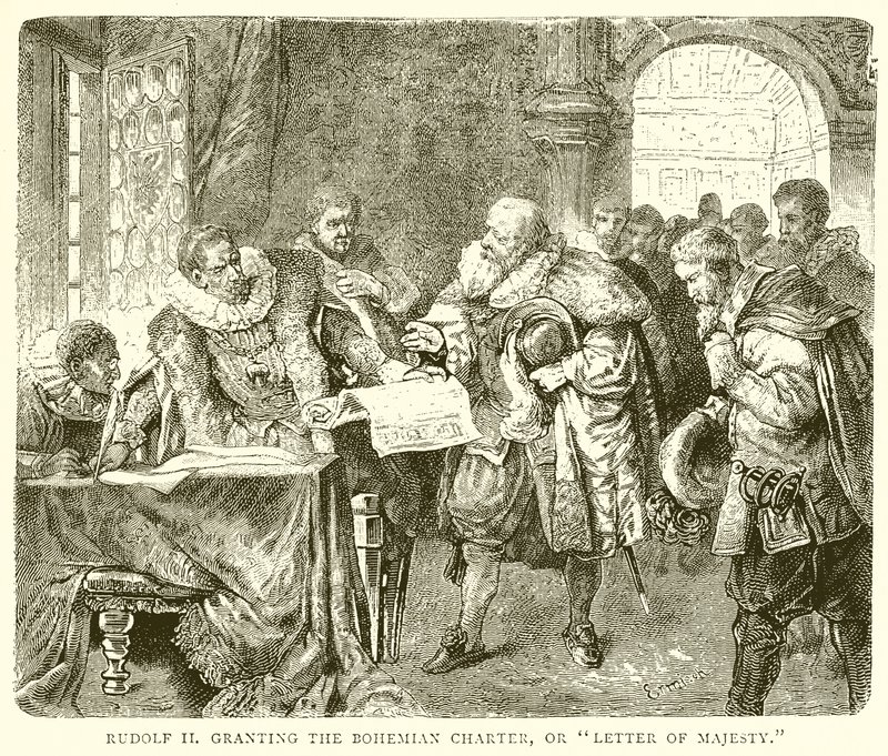 Rudolf II. udělující českou listinu neboli Literu majestátu od English School