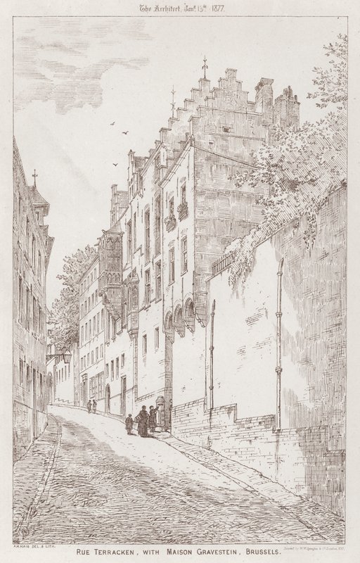 Rue Terracken, s Maison Gravestein, Brusel (rytina) od English School