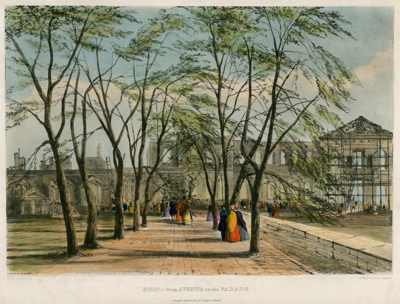 Trosky z Avenue on the Parade, požár londýnského Toweru, 1841 od English School