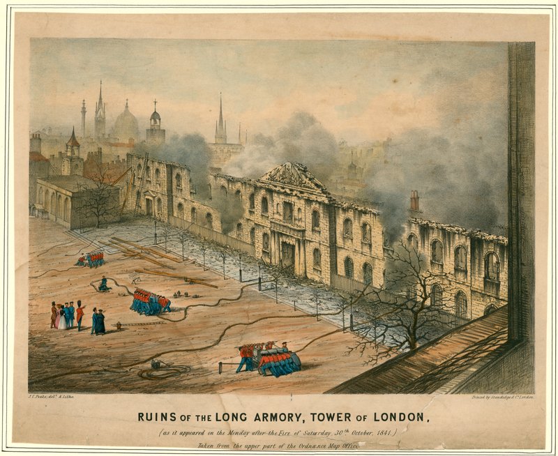 Trosky Dlouhé zbrojnice, požár londýnského Toweru, 1841 od English School