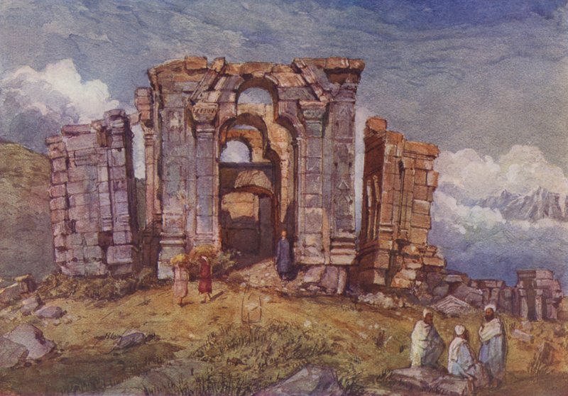 Ruiny chrámu Martand Sun Temple, Kašmír (barevné lito) od English School