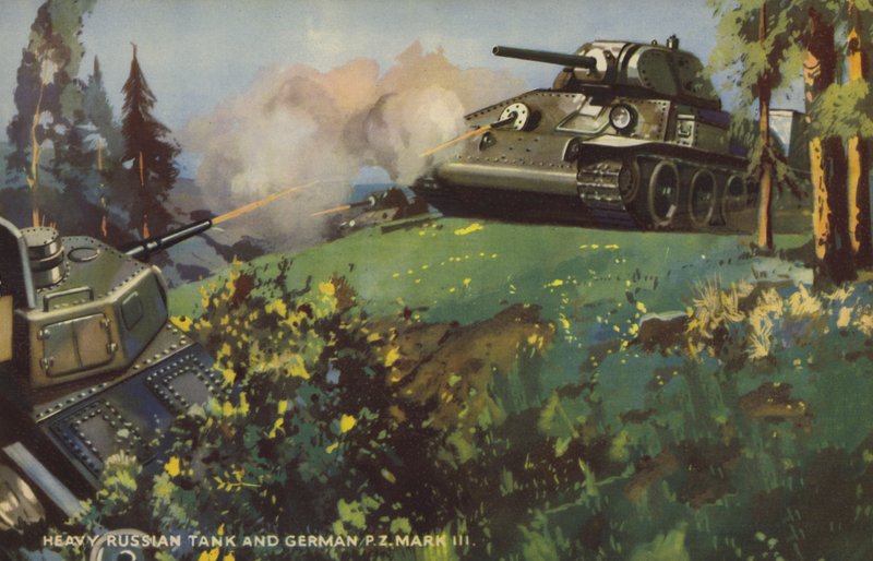 Ruský těžký tank a německý Panzer III, druhá světová válka (barevné lito) od English School