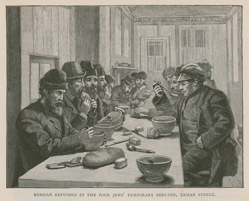 Ruští uprchlíci v dočasném útulku pro chudé Židy, Leman Street, Londýn od English School