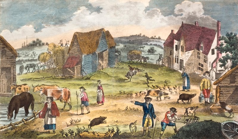 Rustikální scéna selského dvora (barevná rytina) od English School