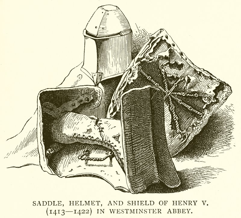 Sedlo, helma a štít Jindřicha V. (1413--1422) ve Westminsterském opatství od English School