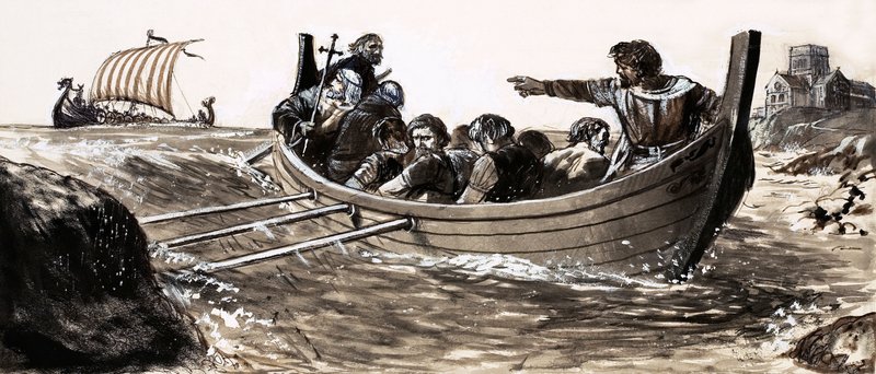 Saint Malo uteče před záškodnickými Vikingy (kvaš na papíře) od English School