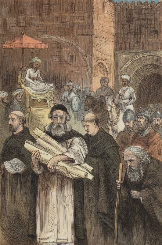 Saladin dovoluje křesťanům opustit Jeruzalém (barevná rytina) od English School