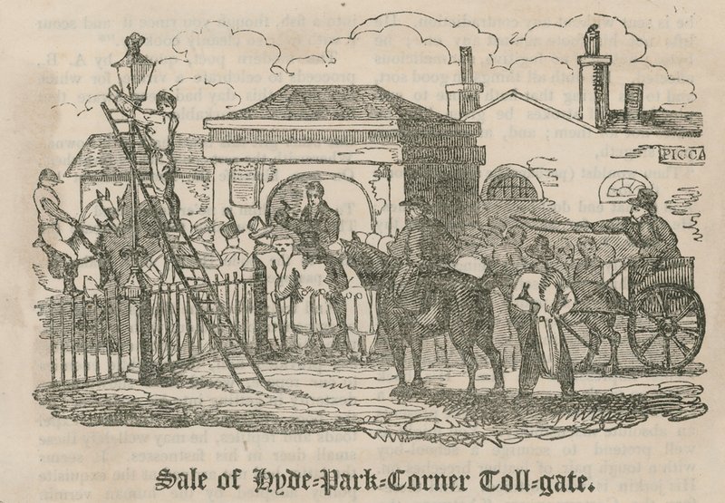 Prodej mýtné brány (Hyde Park Turnpike), Hyde Park Corner, Londýn od English School