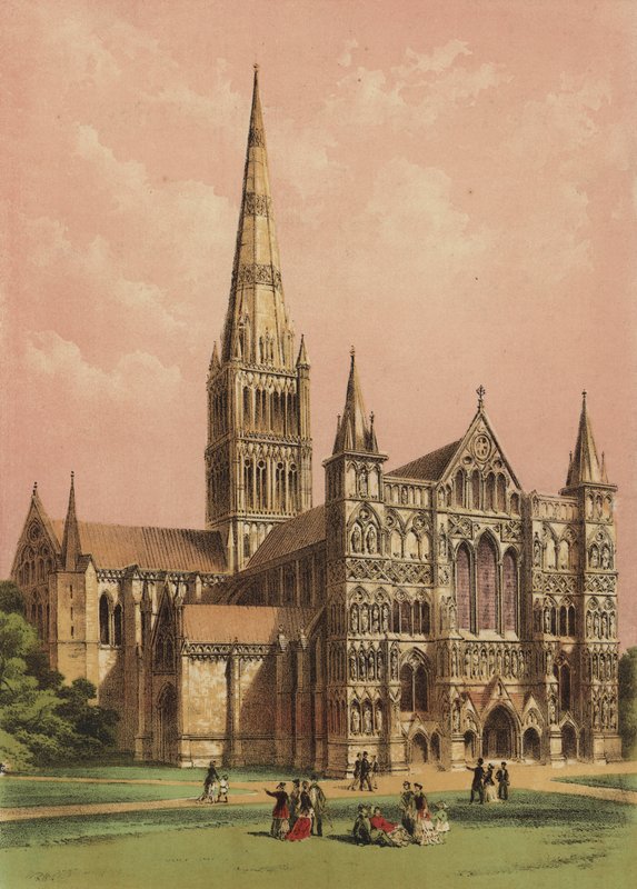 Katedrála v Salisbury, Wiltshire (barevná litografie) od English School