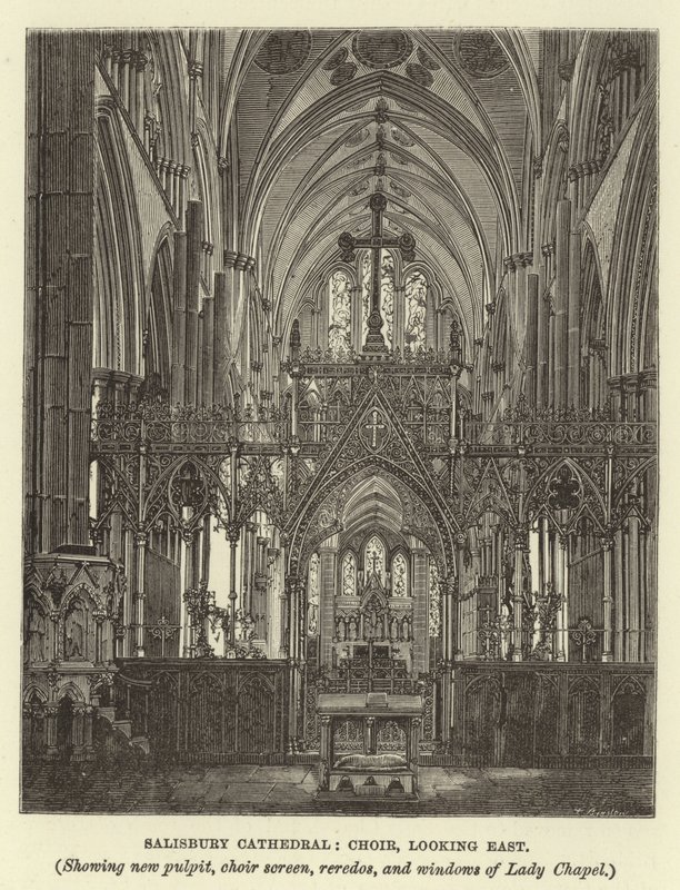 Katedrála v Salisbury, chór, při pohledu na východ, ukazuje novou kazatelnu, zástěnu chóru, rereda a okna Lady Chapel od English School