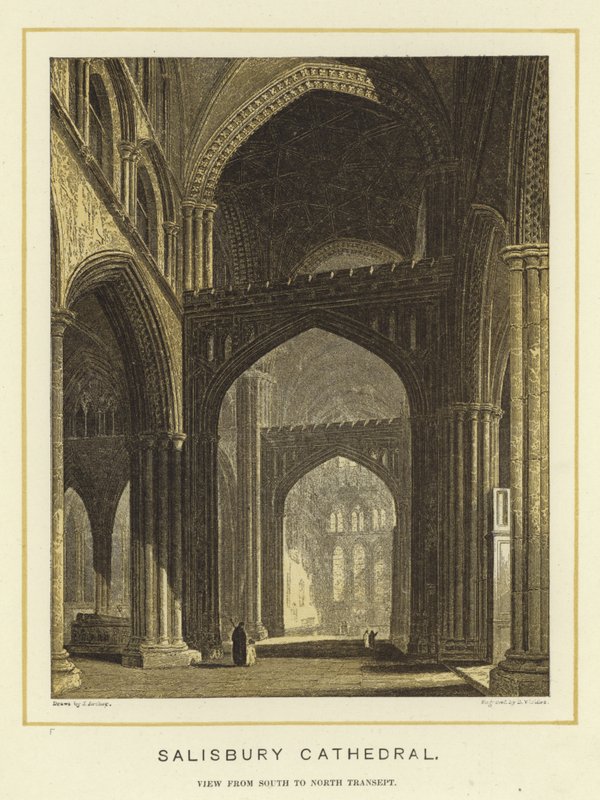 Katedrála v Salisbury, pohled z jihu na severní transept od English School