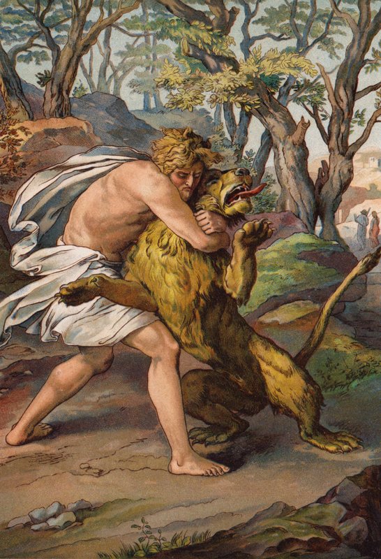 Samson zabíjí lva (chromolitho) od English School