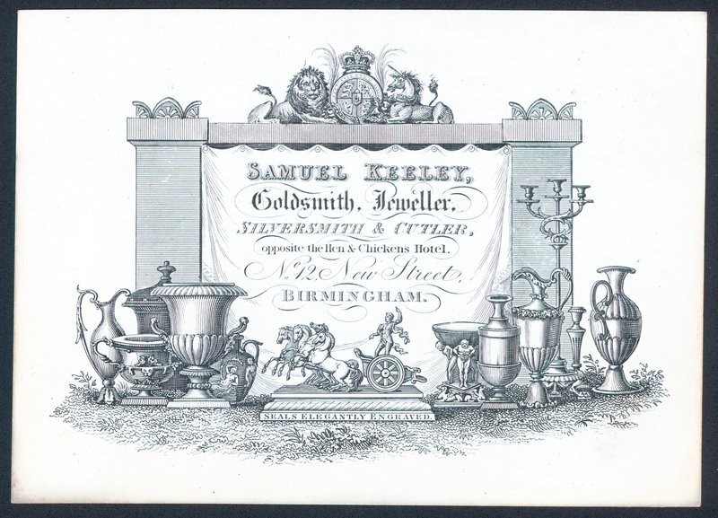 Samuel Keeley, zlatník, klenotník, stříbrník a nožíř, obchodní karta od English School