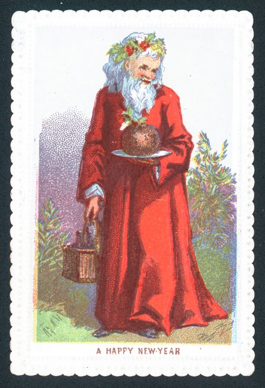 Santa drží švestkový pudink, vánoční přání od English School