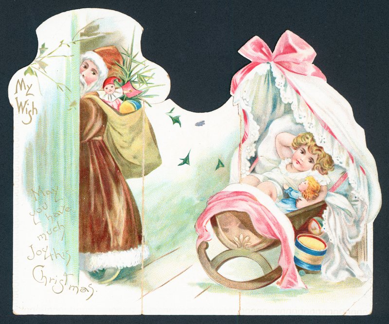 Santa navštěvující dítě v postýlce, vánoční přání od English School