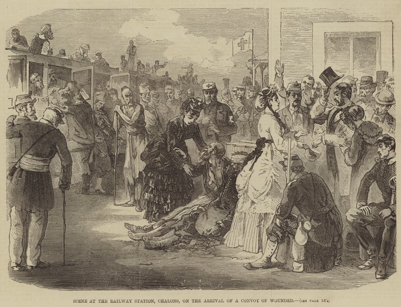 Scéna na nádraží, Chalons, při příjezdu konvoje zraněných (rytina) od English School