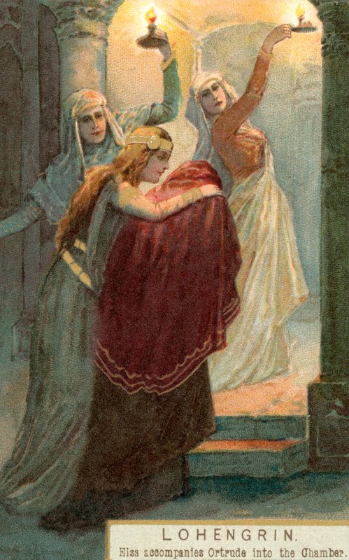 Scéna z Lohengrina: Elsa doprovází Ortrudu do komnaty (chromolit) od English School