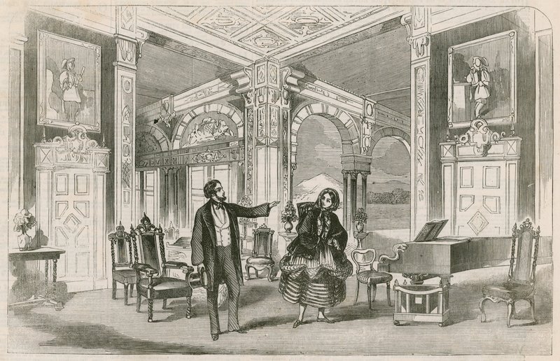 Scéna z nové zábavy slečny P Hortonsové v Galerii ilustrací, Regent Street, Londýn od English School