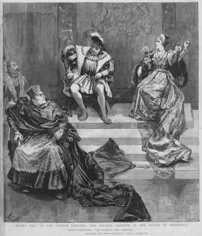 Scéna z inscenace Shakespearova Jindřicha VIII. v divadle Lyceum v Londýně (litho) od English School