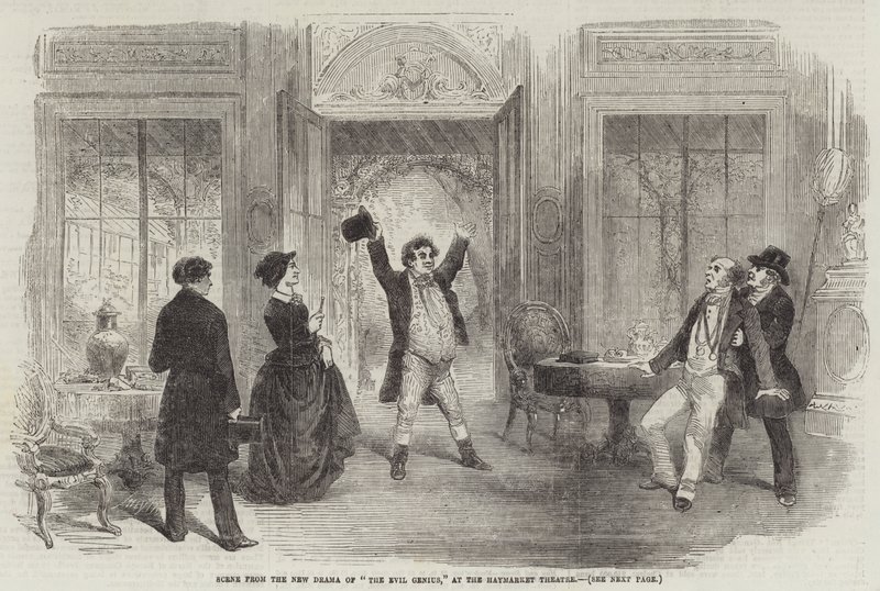 Scéna z nového dramatu „The Evil Genius“ v divadle Haymarket (rytina) od English School