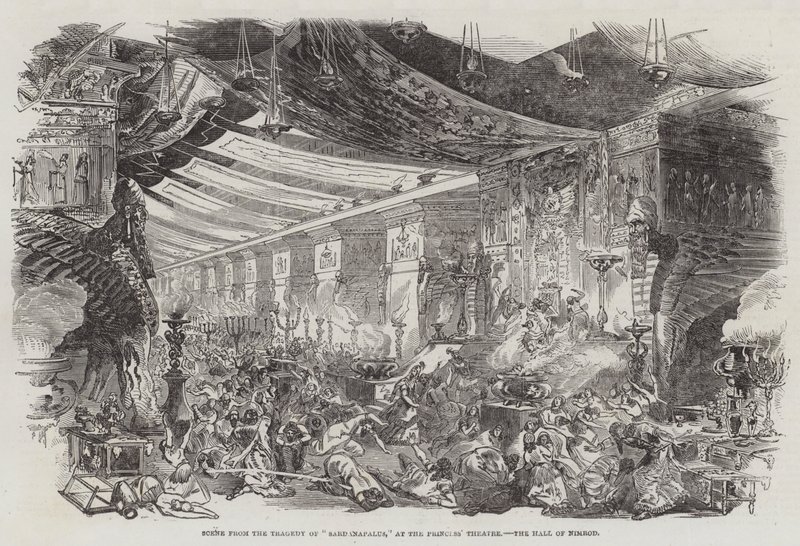 Scéna z tragédie "Sardanapalus," v divadle princezny, sál Nimroda (rytina) od English School