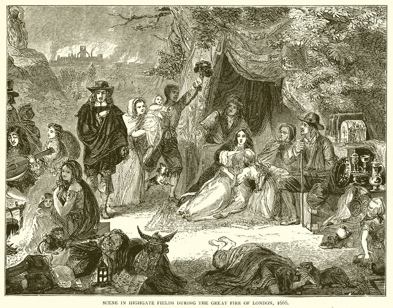 Scéna v Highgate Fields během velkého požáru Londýna, 1666 od English School