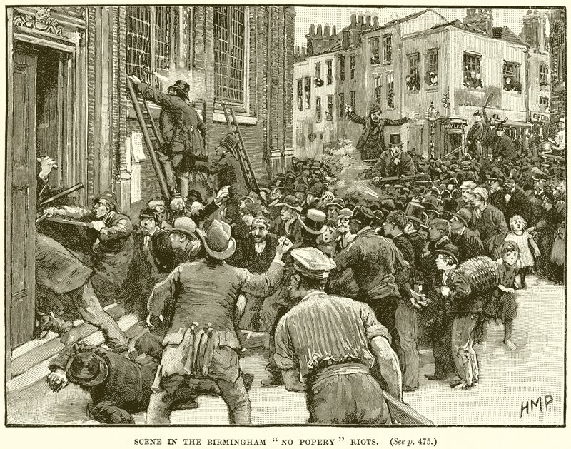 Scéna v Birminghamu No Popery Riots od English School