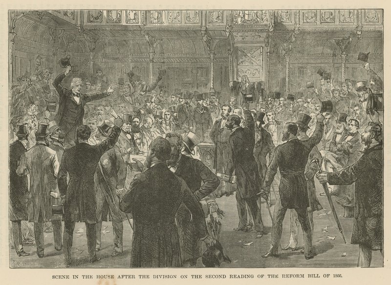 Scéna v Dolní sněmovně po rozdělení ve druhém čtení reformního zákona z roku 1866 od English School
