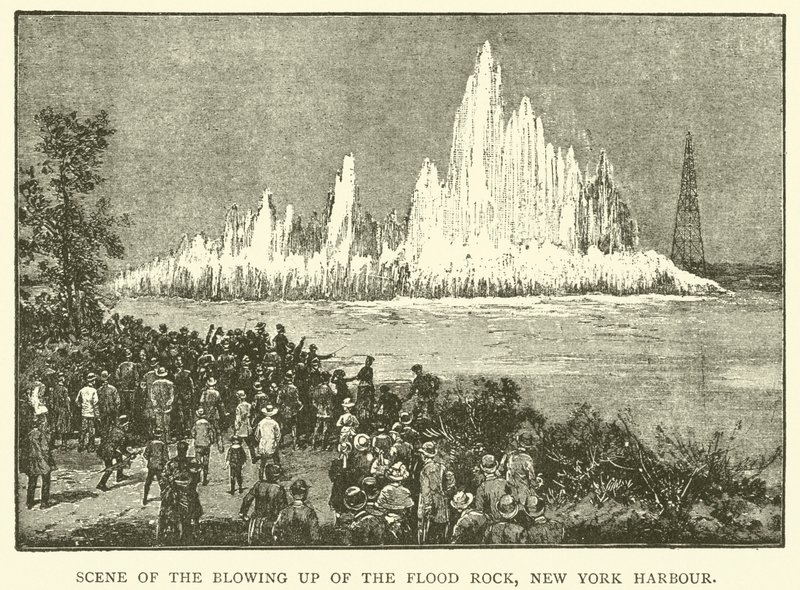 Scéna vyfukování povodní skály, New York Harbor (rytina) od English School