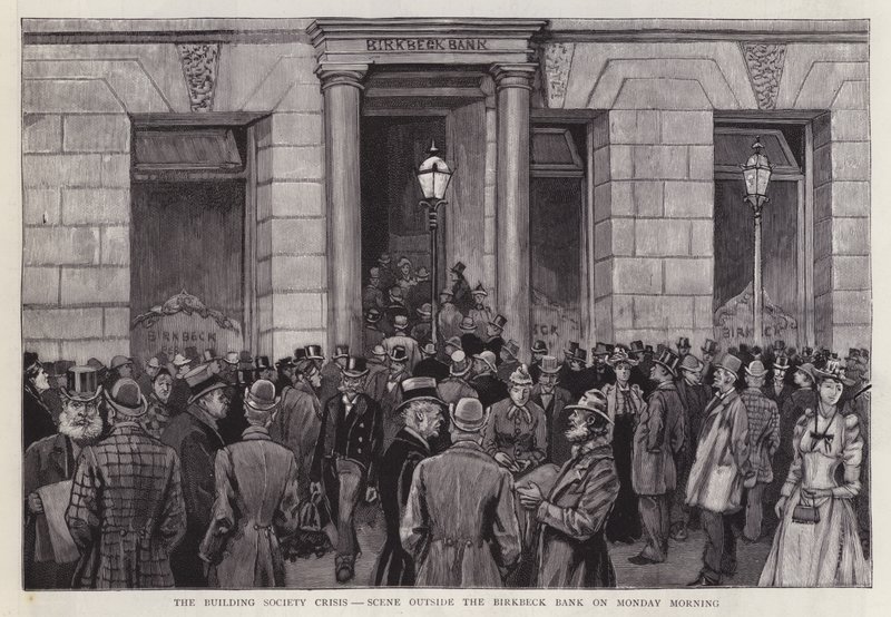 Scéna před Birkbeck Bank, Londýn, během krize stavebního spoření v roce 1892 (litho) od English School