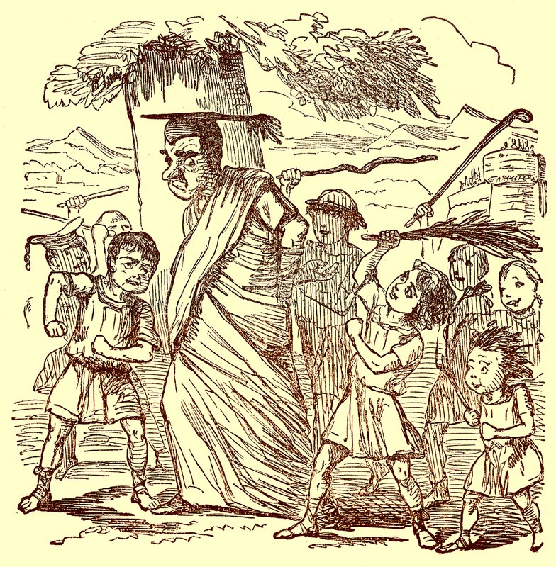 School-boys Bigging the Schoolmaster, ilustrace z The Comic History of Rome od Gilberta Abbotta a Becketta, publikovaná kolem roku 1850 (digitálně vylepšený obrázek) od English School