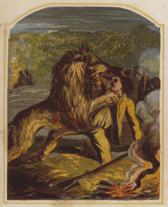 Skotský misionář David Livingstone napaden lvem v Africe (chromolit) od English School