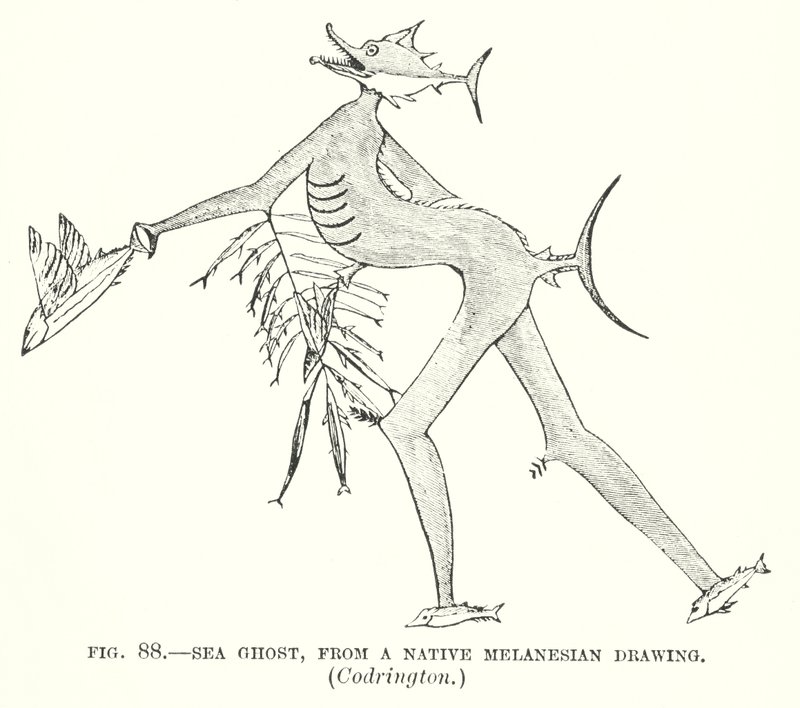 Mořský duch, z původní melanéské kresby, Codrington (litografie) od English School